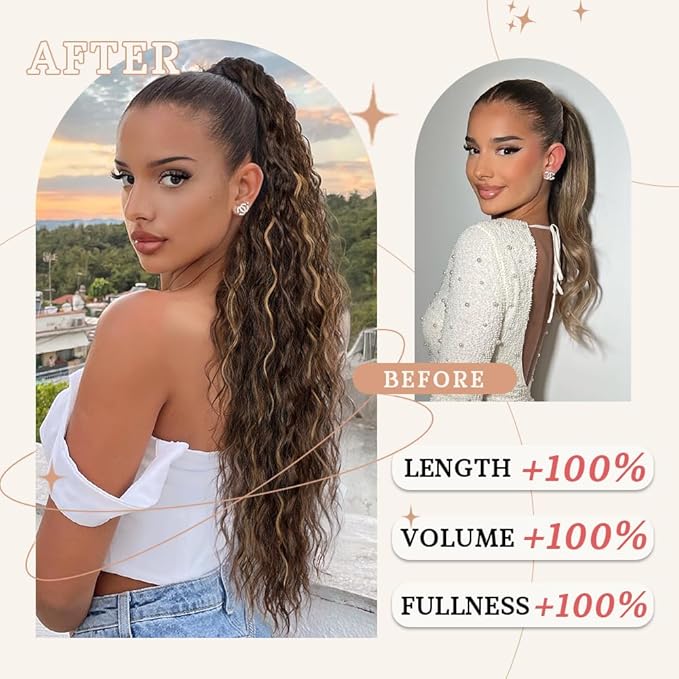 ORSUNCER Ponytail Extension Claw 30" Curly Pony Tail Clip in Hair Extensions Fluffy Natural Looking Synthetic Hairpiece for Women (Chocolate Brown with Caramel Blonde)