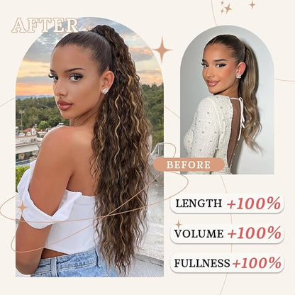 ORSUNCER Ponytail Extension Claw 30" Curly Pony Tail Clip in Hair Extensions Fluffy Natural Looking Synthetic Hairpiece for Women (Chocolate Brown with Caramel Blonde)