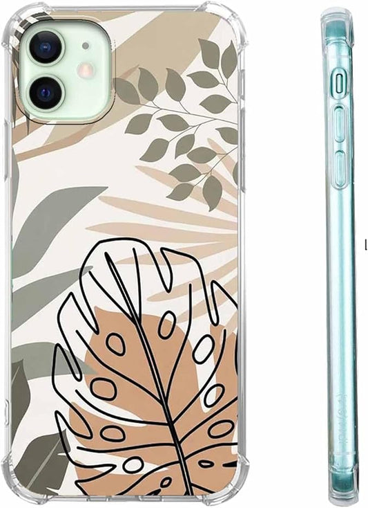 Case for iPhone 12/12 Pro with Green Leaves Design,Abstract Minimalist Plant Art Pattern,Soft TPU Bumper Phone Cover(12,Leaf)