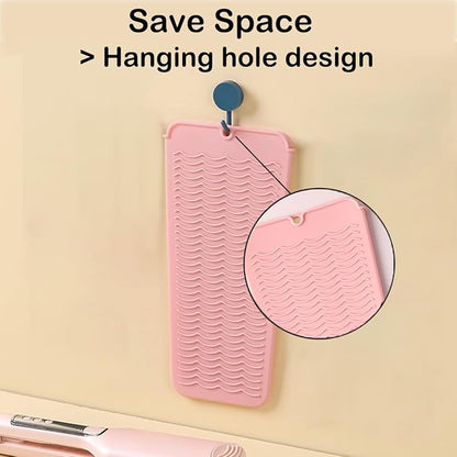 2 Heat Resistant Silicone Mat with Hanging Hole, Straightener Heat Resistant Travel Mat & Pouch for Curling Iron, Flat Iron and Other Hot Hair Styling Tools, 11 x 5 in, Pink+Gray