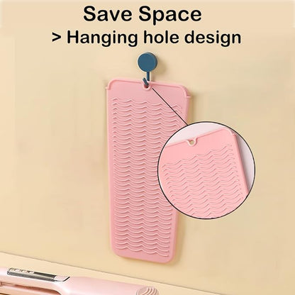 2 Heat Resistant Silicone Mat with Hanging Hole, Straightener Heat Resistant Travel Mat & Pouch for Curling Iron, Flat Iron and Other Hot Hair Styling Tools, 11 x 5 in, Pink+Gray