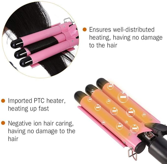 3 Barrel Curling Iron Wand 26mm Hair Waver Temperature Adjustable Ceramic Hair Curling Iron (Pink)