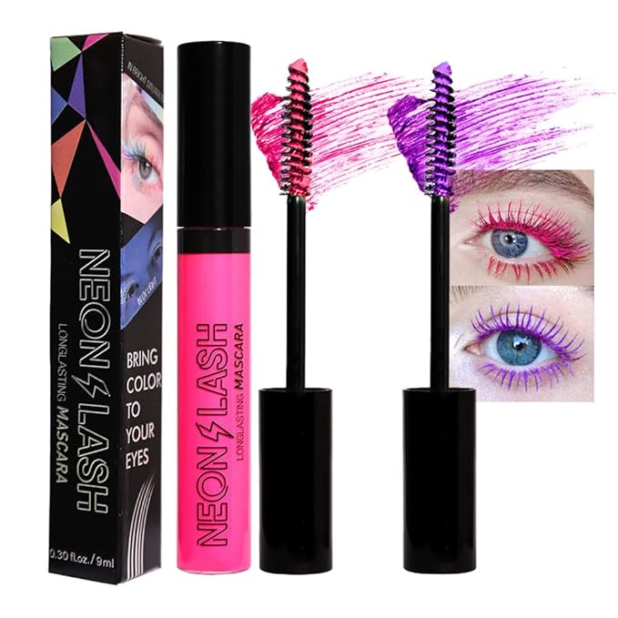 2 Colored Mascara for Eyelashes Set,Red Purple Halloween Fluorescent Colorful Waterproof Long lasting Charming Voluminous Mascara for Women Cruelty Free Vegan Eye Makeup (04# Red &06# Purple)