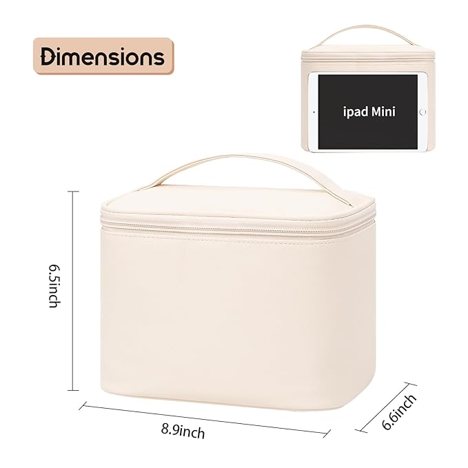 OCHEAL Makeup Bag, Large Capacity Make Up Bag for Cosmetics Vertical Storage,Toiletry Bag for Skincare Makeup Organizer Bag for Travel,With Makeup Brushes Compartments & Dividers -Beige