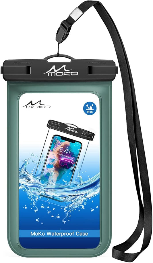 MoKo Waterproof Phone Pouch Holder, Underwater Cellphone Case Dry Bag with Lanyard Armband Compatible with iPhone 16 15 14 13 12 11 Pro Max X/Xr/Xs Max/SE 3, Samsung S24/S23/S21/S20/S10/S9, Army Green