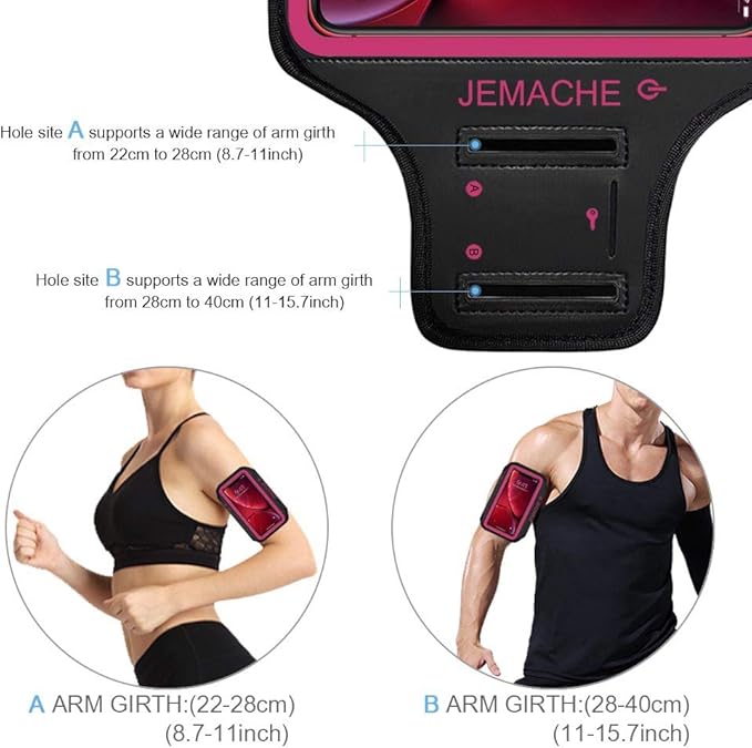 iPhone 16 15 14 Armband, JEMACHE Water Resistant Gym Running Workouts Arm Band for iPhone 16e 16 15 14 13 12 11 Pro with Key Holder (Rose)