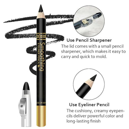 6 Pcs Black Eye liner Pen Set with Sharpener, Wooden Voluminous Smoldering Eye liner, Smooth Creamy Matte Tattoo Pencils for Women,Hairline Eyebrow Makeup (6Pcs-Smooth Creamy Black Sticks)