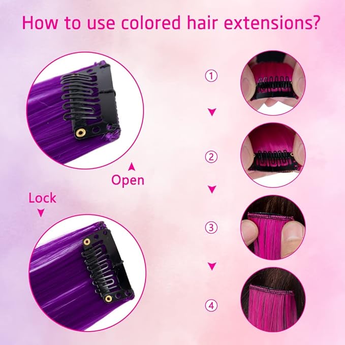 20 Pcs Colored Clip in Hair Extensions 20 Inch Long Straight Party Highlights Synthetic Hairpieces for Women Kids Girls(Red, Rose Red, Pink, Purple)