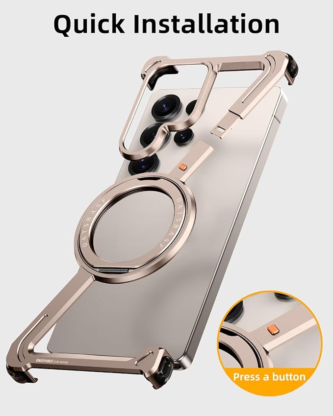 OATSBASF Minimalist Phone Case Compatible with Samsung Galaxy S25 Ultra, 360° Rotation Kickstand Aluminum Metal Frameless Design Bumper Case, Protective Shock Grade Shell, Desert Titanium