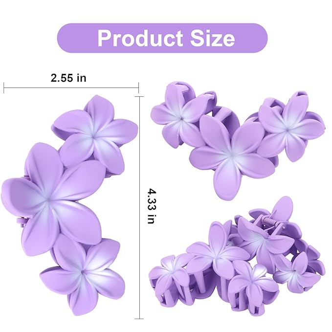 ANBALA Hair Clip, 4PCS Flower Design Plumeria Hair Clips, Large Non-Slip Strong Hold Claw Clips for Thick Hair, Beach Hair Accessories for Women Girls (Purple)
