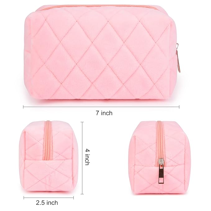 2 Pieces Makeup Bag Checkered Cosmetic Bag Plush Pink White Makeup Pouch Travel Toiletry Bag Organizer Cute Makeup Brushes Storage Bag for Women