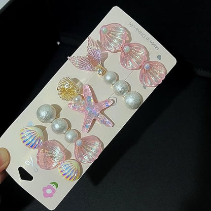 5 Pcs Starfish Seashell Hair Clips Mermaid Costume Pearl Beach Ocean Hair Accessories Women and Girls （Pink）