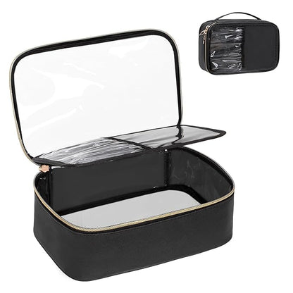 OCHEAL Clear Makeup Bag, Portable Cosmetic Bag Storage, Travel Makeup Bag Cute Clear Pouch For Women and Girls Cosmetics Bags with Divider Makeup Brush Compartment-Black PU Large