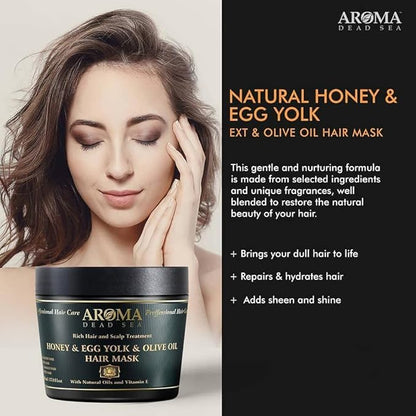 AROMA DEAD SEA Honey Egg Yolk & Olive Oil Hair Mask - Ultimate Dry & Damaged Hair Rescue, Intensive Conditioning Treatment Revives, Strengthens & Restores Softness, Shine & Elasticity / 16.9 fl.oz