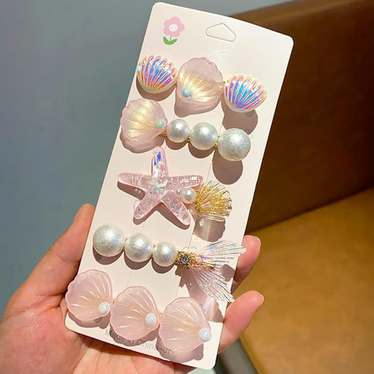 5 Pcs Starfish Seashell Hair Clips Mermaid Costume Pearl Beach Ocean Hair Accessories Women and Girls （Pink）