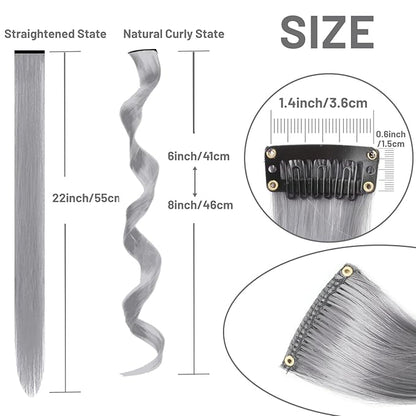 16 Pcs Colored Hair Extensions Curly Wavy Clip in Synthetic Hair Extensions,Colorful Party Highlights Hairpiece Streak for Girls Women Kids(Grey)