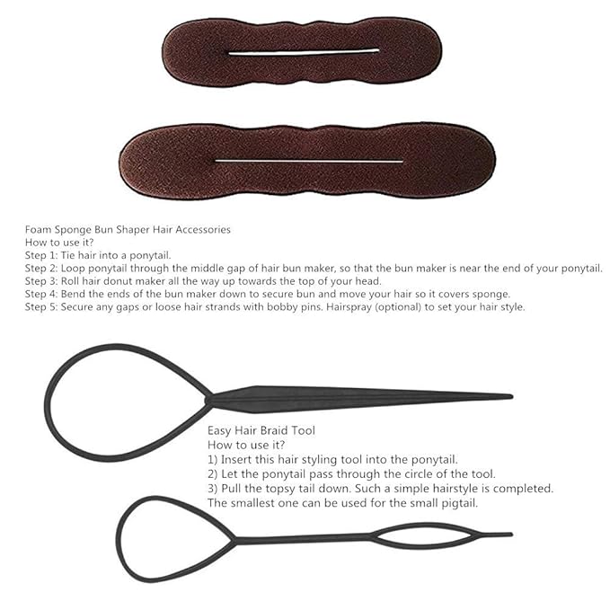 Hair Accessories Set - Foam Sponge Bun Shapers, Magic French Twist Clip, Snap Bun Makers, Elastic Bands, and Hair Pins (Brown)