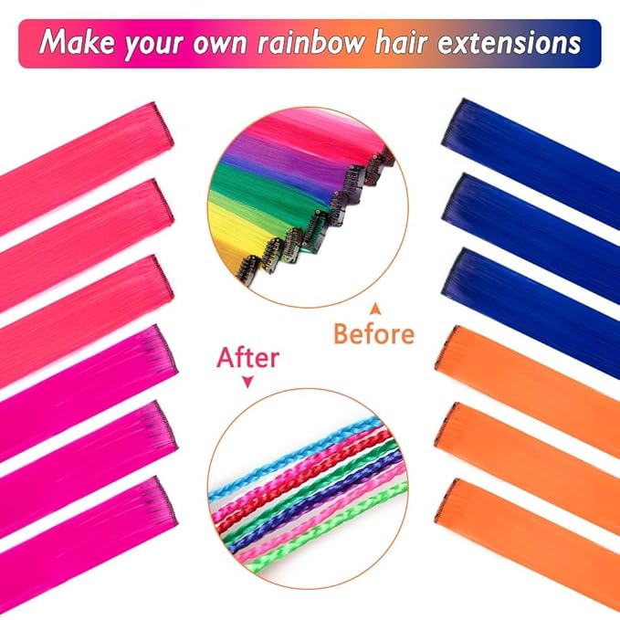 20 Packs Colored Hair Extensions 20Inch Straight Multi-Colors Party Highlights Clip In Hair Extension Synthetic Rainbow Hairpieces for Girls Kids Gift(Rose Red, Blue, Pink, Orange)