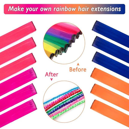 20 Packs Colored Hair Extensions 20Inch Straight Multi-Colors Party Highlights Clip In Hair Extension Synthetic Rainbow Hairpieces for Girls Kids Gift(Rose Red, Blue, Pink, Orange)