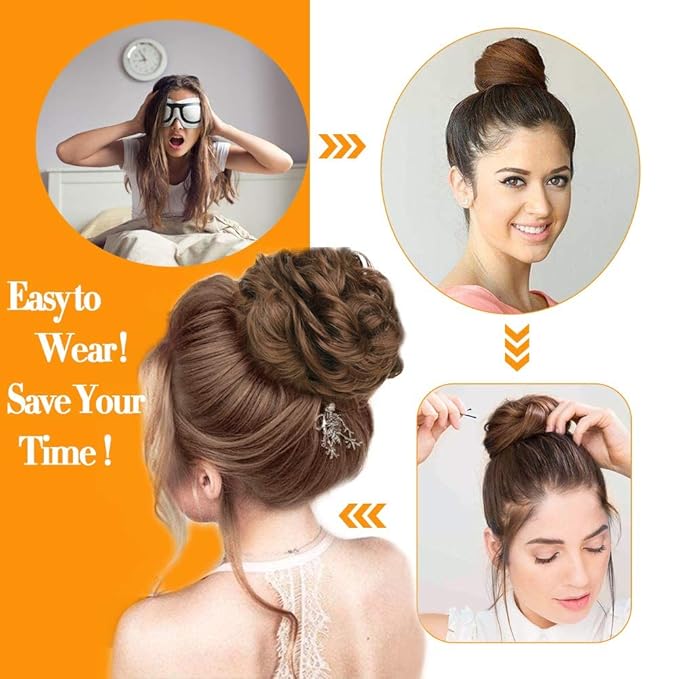 MORICA 1PCS Messy Hair Bun Hair Scrunchies Extension Curly Wavy Messy Bun Hair Synthetic Chignon Hairpieces for Women(12H24#(Light Golden Brown & Pale Golden Blonde))