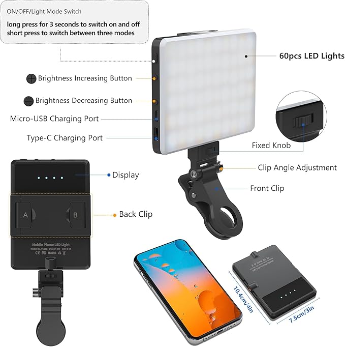 Selfie Light, Phone Light with Front & Back Clip, 60 LED Portable Light with 3 Modes, 5000mAh Rechargeable Video Light for Phone, iPhone, IPad, Laptop, TikTok, Makeup, Live Stream, Vlog