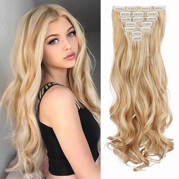 22 Inch Clip In Hair Extensions 7 PCS Long Wavy Synthetic Black Hair Extension & Natural Soft Invisible Clip Thick Hairpieces for Women Daily(20Inch, 7pcs, Honey Golden Brown Mixed Blonde)
