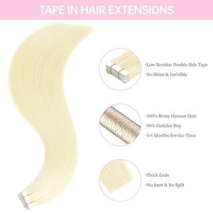 #60 Platinum Blonde Tape in Hair Extensions Human Hair,22inch 20 Pcs Tape ins Human Hair Extensions,Straight Silky 50g Tape in Remy Hair Extensions for Women Girls