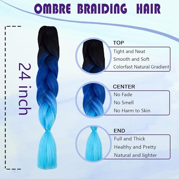 Ombre Braiding hair synthetic Crochet braids twist 24inch 5pcs/lot 100g Ombre two three tone Jumbo braid hair extensions Dreadlocks (black-blue-azure)