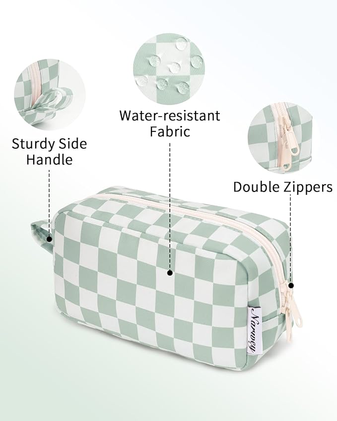Narwey Small Checkered Makeup Bag for Purse, Gift for Teen Girls, Travel Makeup Pouch Mini Cosmetic Bag Cute Make up Bags Zipper Pouch for Women and Girls (Mint Green Checkerboard, Small)
