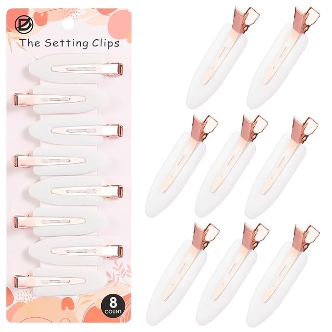 D 8 Pcs Hair Clips - No Bend No Crease Hair Clips - Flat Makeup Clip for Women and Girls - Creaseless Hair Clip for Hairstyling Bangs Salon Rose Gold Handle - white