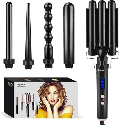 Bo'laiya 5 in 1 Curling Wand Set with Temperature Display, Curling Iron Set with 5 Interchangeable Ceramic Curling Wands, Instant Heat Up, Suitable for All Hair Types (Black)