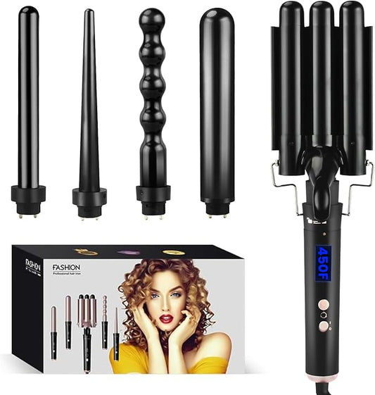 Bo'laiya 5 in 1 Curling Wand Set with Temperature Display, Curling Iron Set with 5 Interchangeable Ceramic Curling Wands, Instant Heat Up, Suitable for All Hair Types (Black)