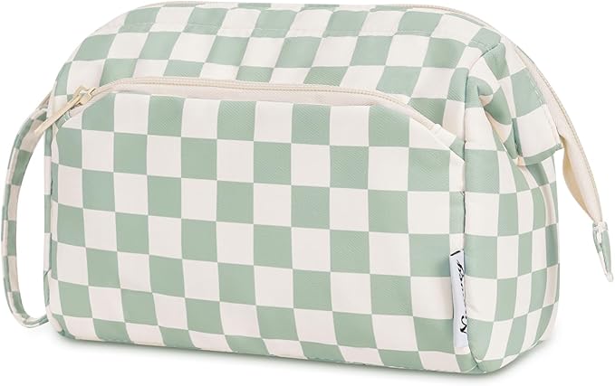 Narwey Checkered Makeup Bag Women Wide-open Make up Bag Travel Cosmetic Bag Organizer Toiletry Bag for Cosmetics Toiletries Accessories (Mint Green Checkerboard)