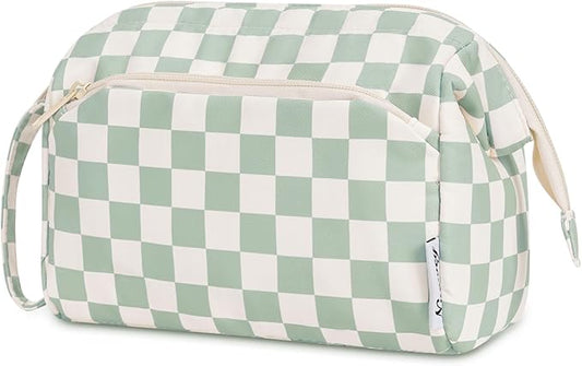Narwey Checkered Makeup Bag Women Wide-open Make up Bag Travel Cosmetic Bag Organizer Toiletry Bag for Cosmetics Toiletries Accessories (Mint Green Checkerboard)