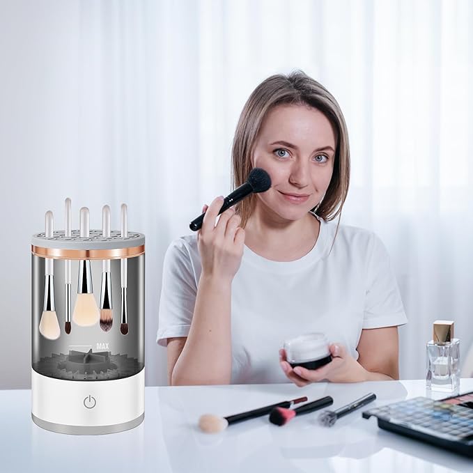 Electric Makeup Brush Cleaner Machine, 2 in 1 Cosmetic Brush Cleaner with Cleaner Mat, Automatic Spinning Washer Combined for All Size Makeup Brushes & Sponges, Beauty Cleaning Tool Gifts for Women