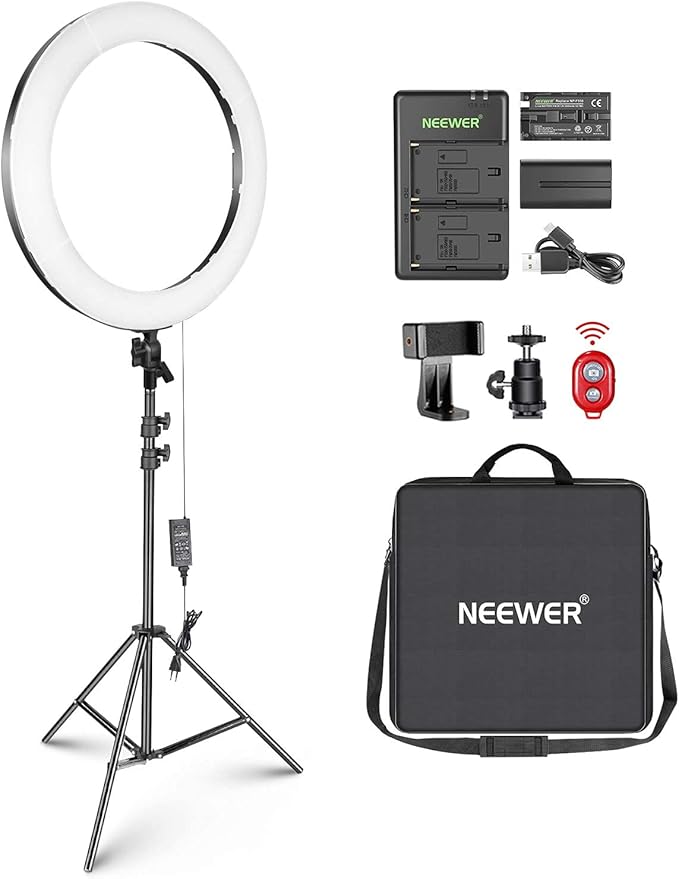 Neewer 20-inch LED Ring Light Kit for Makeup YouTube Video Blogger Salon - Adjustable Color Temperature with Battery or DC Power Option, Battery, Charger, AC Adapter, Phone Clamp and Stand Included