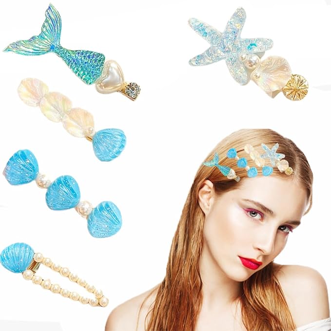 5 Pcs Starfish Seashell Hair Clips Mermaid Costume Pearl Beach Ocean Hair Accessories Women and Girls （Blue）