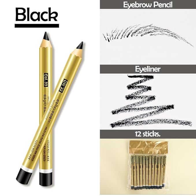 12 Pcs Black Pencils Set for Paint to Draw Eyebrows, Eyeliner, Eyelids, Hair, Beard,Etc. Daily Makeup (BLACK-12pcs)