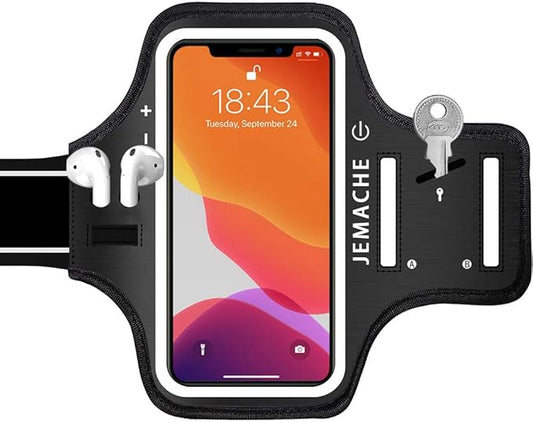 iPhone 16 15 14 Armband with Earphone Holder, JEMACHE Water Resistant Gym Running Workouts Arm Band for iPhone 16e 16 15 14 13 12 11 Pro (Black)