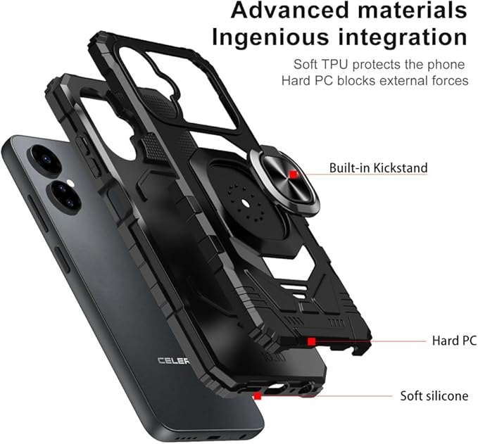 for Boost Mobile Celero 5G 2024 Case with 1 Pack Screen Protector,Dual Layer Hybrid Heavy Duty Defender Protection,Sleek Rugged Reinforced Cushion Corner Kickstand Shockproof Bumper Cover Black