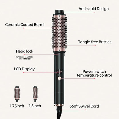 2in1 Negative Ion Thermal Brush -Heated Round Brush for Blow Out Look, Curling Iron 1 1/2 Inch& Curling Iron 1 3/4 Inch, 5 Temperature Settings,Dual Voltage
