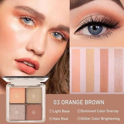 Eyeshadow Quads Blendable Glitter Matte Eyeshadow Palette, Orange Khaki Nude Champagne Gold Sparkly Four Eyeshadow Palette Makeup,Everyday Nature Long-Lasting Waterproof Women Girls Eye Shadow 3#