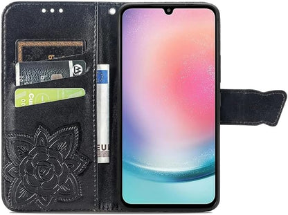 for Samsung Galaxy S25 Ultra Case Wallet PU Leather Credit Card Holder Full Body Cute Butterfly Design with Wrist Strap Soft TPU Bumper Full Body Protective Phone Case for Girls Women Black