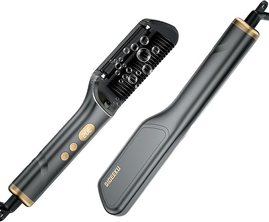 Hair Straightener Brush, Negative Ion Flat Iron & Straightening Comb 2 in 1 with Convenient Comb, Fast Heating, Anti-Scalding, 30s Fast Heating, 5 Temp Settings 284℉ - 392℉ (Gold Gray)