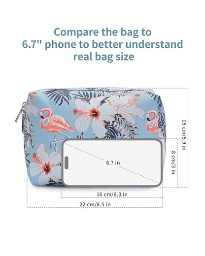 Narwey Cute Makeup Bag Travel Cosmetic Bag Organizer Toiletry Bag Make Up Bags with Compartments for Women Girls (Large, Aqua Flamingo)
