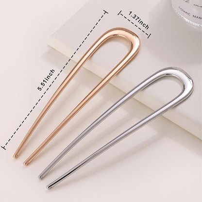 2Pcs French Hair Pins for Thick Hair, Metal French Twis Hair Pins for Women Girls, U-Shaped French Pin for Buns, 5.5 Inches Large French Pins Hairstyle Accessories (Silver, Rose Gold)