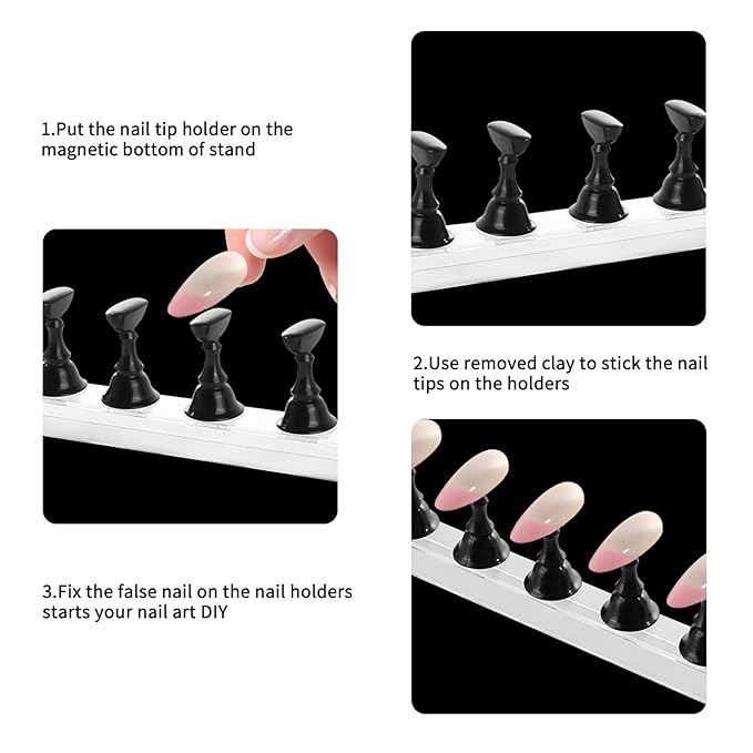 4-in-1 Black Nail Stand & Holder - Magnetic Tips, Beginner Acrylic Nail Art Kit, Salon Equipment & Decor
