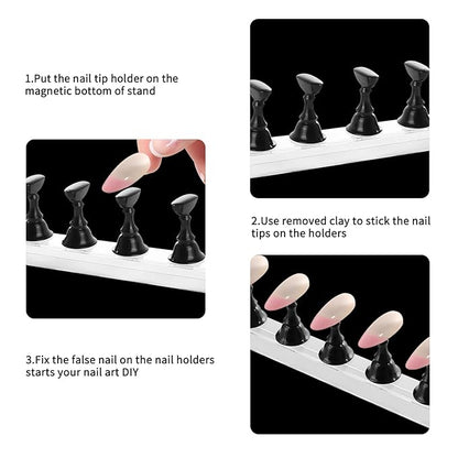4-in-1 Black Nail Stand & Holder - Magnetic Tips, Beginner Acrylic Nail Art Kit, Salon Equipment & Decor