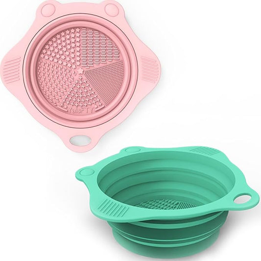 2PC Foldable Silicone Makeup Brush Cleaner Pad Bowls, YalsFTY Portable Mat Scrubber Cleaning Tool for Makeup Brushes (Pink and Green)