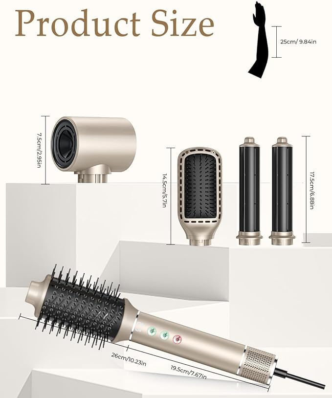5 in 1 Hot air Blow Dryer Brush Hair Dryer Curling Wand Volumizing Brush Straightening Brush Blow Dryer Brush - Rapid Drying, Volume Boost, Ionic Smoothing, 110k RPM Motor（Champagne）